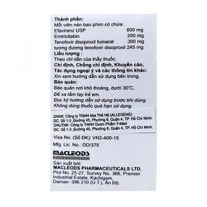 Thuốc kháng virus ARV Macleods Efavirenz 600mg, Emtricitabine 200mg, Tenofovir 300mg EET 30 viên 5 Macleods Efavirenz 600mg, Emtricitabine 200mg, Tenofovir 300mg